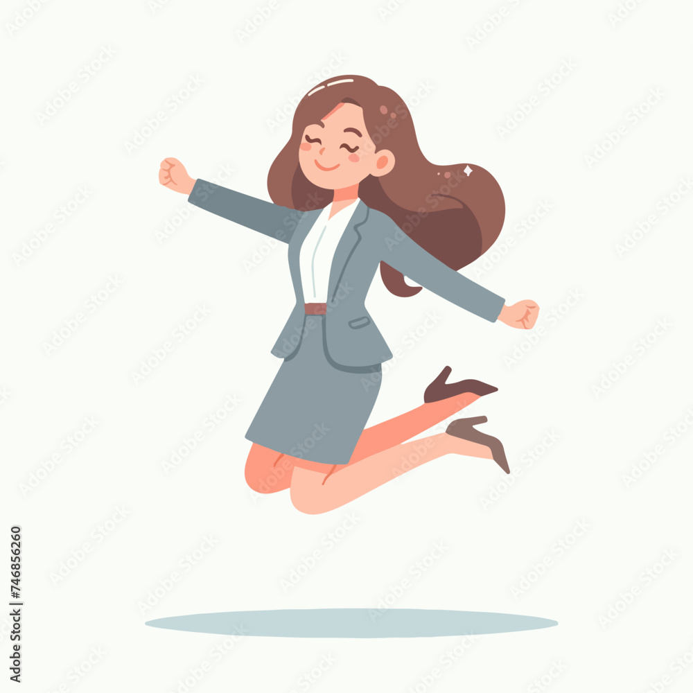 Fototapeta premium Excited businesswoman jumping for joy in flat design business concept illustration