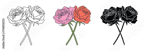 Flower illustration, flower outline and flower silhouette, Vector illustration of different flower arrangements. Rose pattern, Vector illustration.