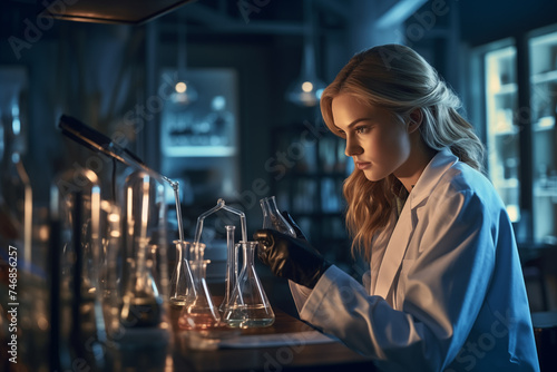 Serious scientist looking at test tube in chemical laboratory. Attractive young female scientist holding test tube and looking at it