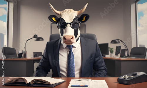 Cow business portrait dressed as a manager or ceo in a formal office business suit with glasses and tie