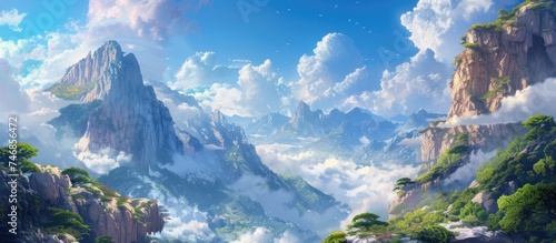 A vibrant painting capturing a summer landscape with majestic mountains  towering cliffs  and billowing clouds against a blue sky. The scene evokes a sense of grandeur and expansiveness.