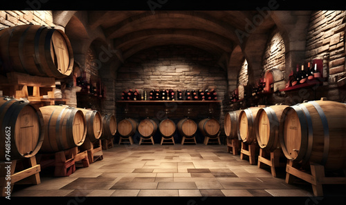 Basement room with many wooden barrels, wine cellar