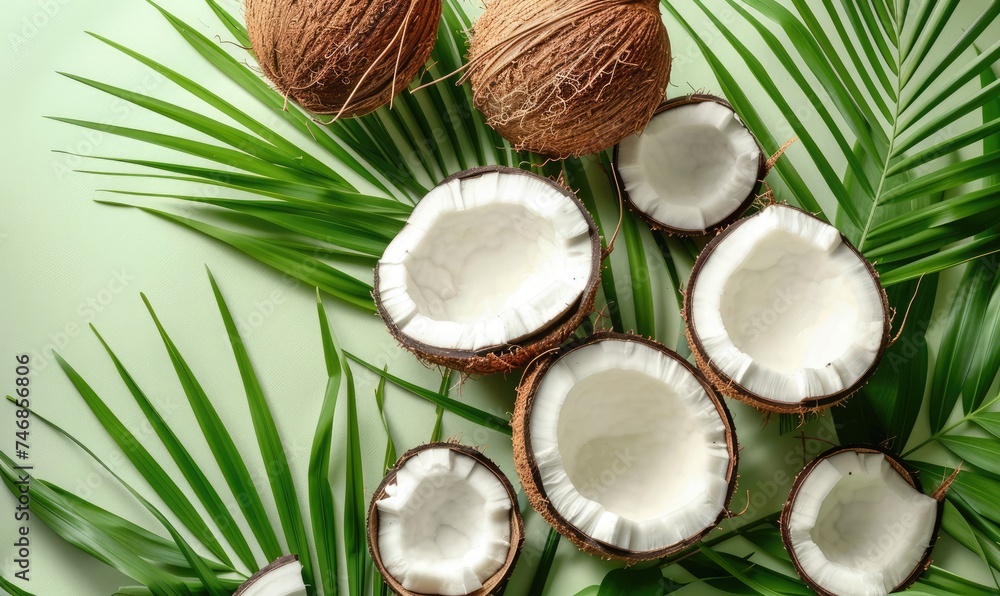 coconut fruits and leaves, tropical, summer and exotic background coconut fruits and leaves, tropical, summer and exotic background