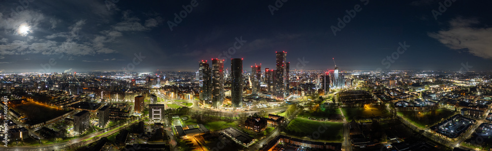 Fototapeta premium Aerial of Deansgate Square Manchester UK in the blue zone just before sunrise.Deansgate Square 
