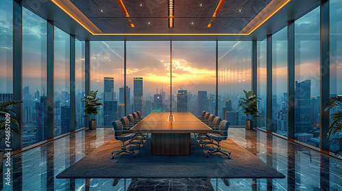 Modern meeting room interior with concurrence desk and panoramic city view photo
