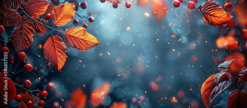 Magic autumn banner with festive decorations and greetings with copy space