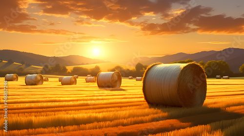 Large rolls of hay in field after harvest  rural landscape with rolls of hay in mature wheat field