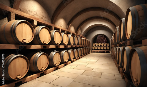 Basement room with many wooden barrels  wine cellar