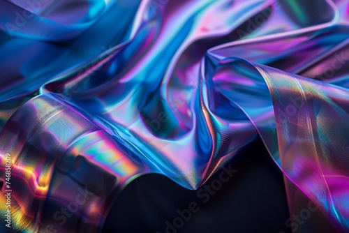 An abstract satin fabric with iridescent colors, conveying luxury and elegance through its smooth textures and gentle folds.