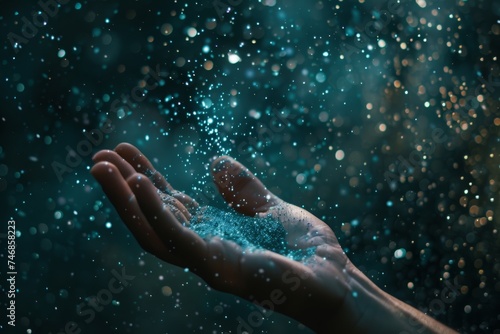 A mystical image of a hand releasing a burst of sparkling blue particles, resembling stars or magic dust, against a dark cosmic backdrop.