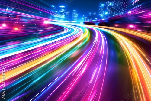 City lights streak across the night in a vibrant display of urban life and motion, symbolizing speed and energy.