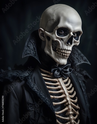 In the gloom, a skeletal figure exudes nobility with its dark, ornate attire. The intricate costume conveys an air of antique elegance and otherworldly grace. AI Generative