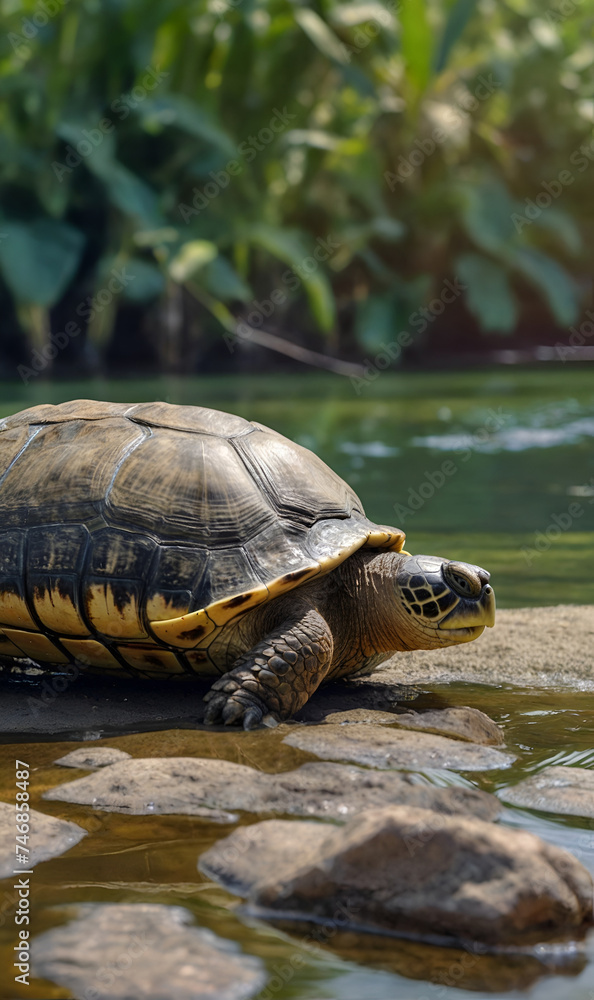 Fototapeta premium turtle crawling leisurely by the pond