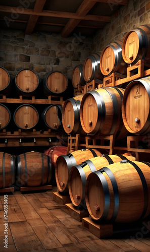 Basement room with many wooden barrels, wine cellar