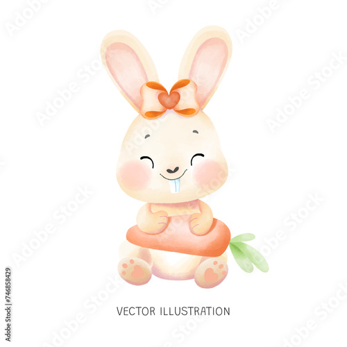 Baby Bunny with Carrot Watercolor Hand Draw 