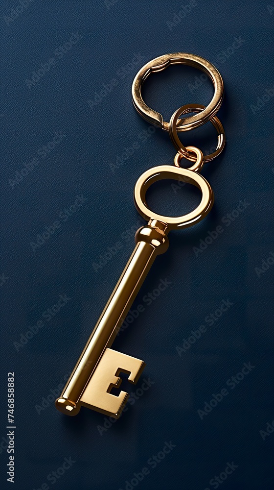 A golden key rests elegantly on a minimalist blue background. Golden key radiating prestige and power. Symbol of access and opportunity. A golden key rests elegantly on a minimalist blue background. Golden key radiating prestige and power. Symbol of access and opportunity.