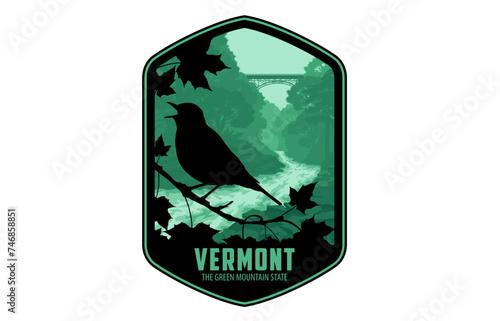 Vermont vector label with Hermit thrush near Quechee Gorge Bridge