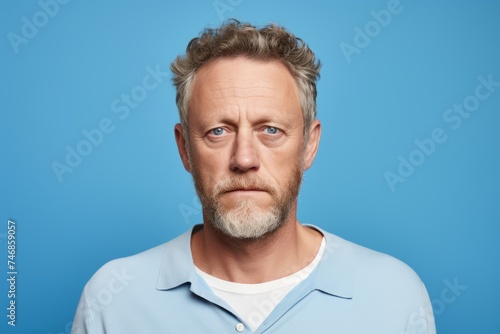 Serious mature man looking at camera, isolated over blue background.