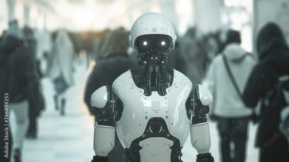 Humanoid robot standing among blurred crowd in futuristic setting