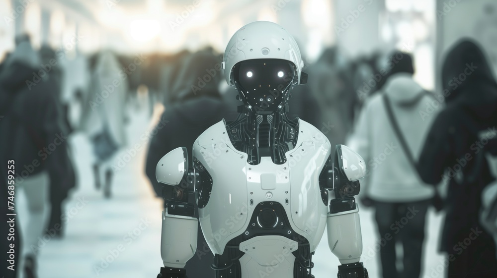 Humanoid robot standing among blurred crowd in futuristic setting Humanoid robot standing among blurred crowd in futuristic setting