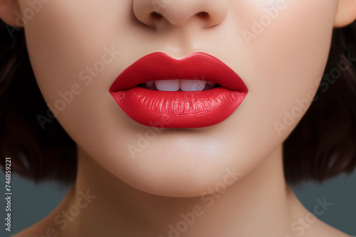 A captivating close-up of a girl with striking red lips  accentuated by bold lipstick  embodying the allure of beauty and the realm of lip cosmetics in a mesmerizing image. Close up