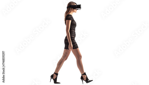 woman walking with virtual reality glasses, isolated on white 
