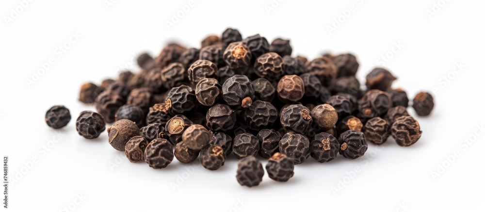 A bountiful harvest of fresh black peppers on a rustic wooden table A bountiful harvest of fresh black peppers on a rustic wooden table