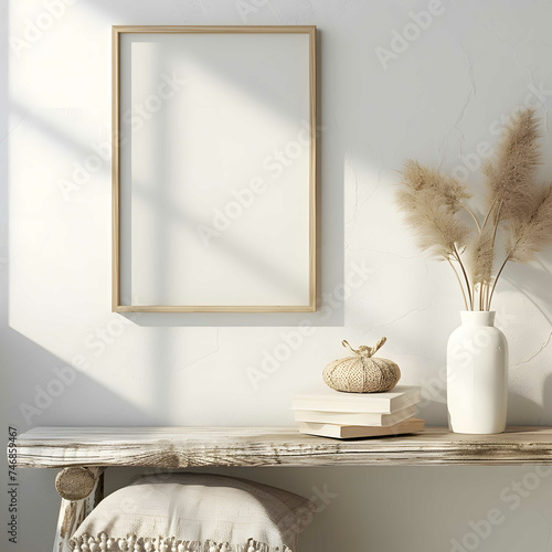 Blank picture frame mockup . White living room design. View of modern scandinavian style interior with artwork mock up on wall. Home staging and minimalism concept