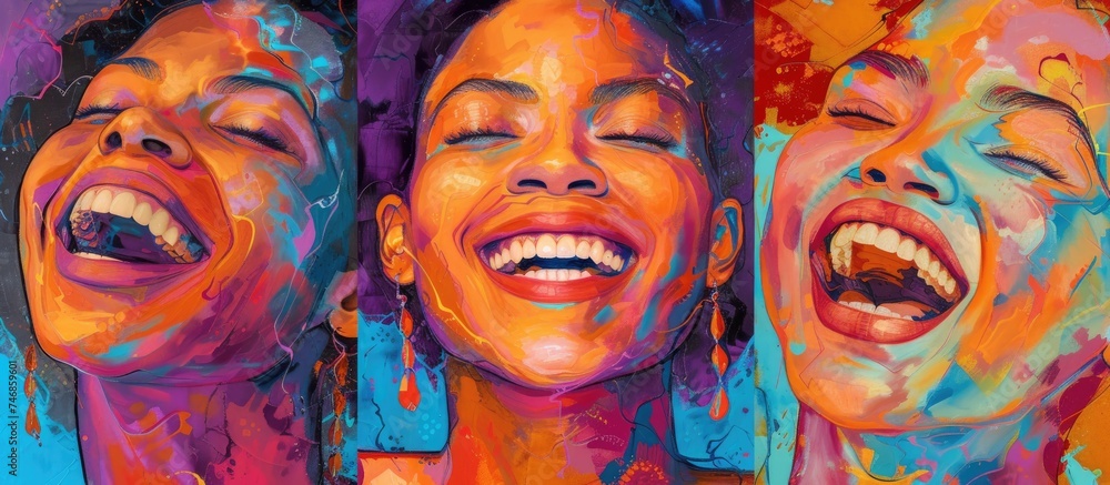 This painting depicts three women joyfully laughing together, their faces radiant with happiness. The composition captures the essence of friendship and shared laughter.