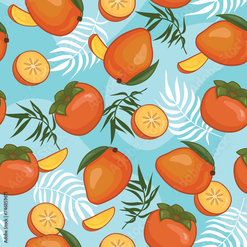 Mango and Persimmon seamless pattern design. Fruits on the blue background with tropical leaves. 