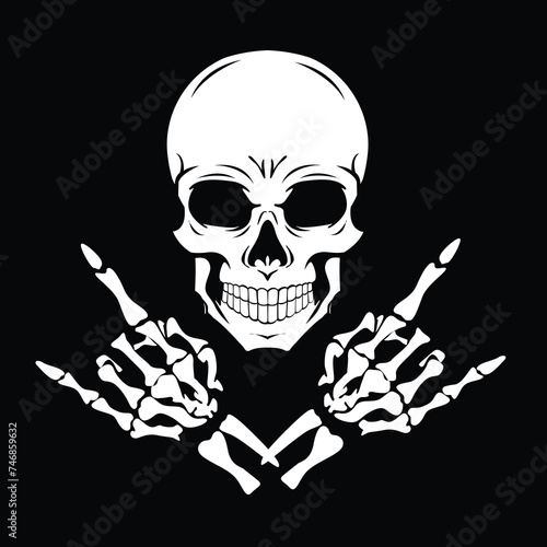 Skeleton hands gestures Rock and Roll sign of the horns. Black background.