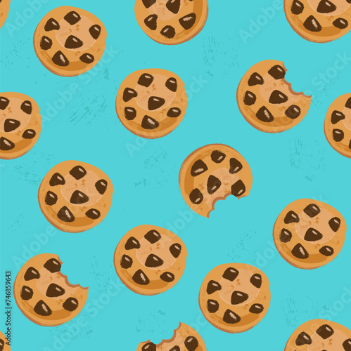 Seamless pattern on a blue background with cookies. Vector in brush strokes style. Perfect for wallpaper, food wrapping paper, fabric, background etc