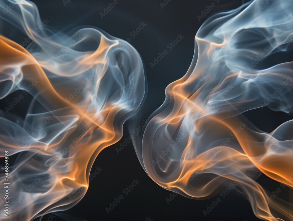 Mesmerizing visuals are created as image captures symmetrical abstract shapes of smoke against a black background. Mesmerizing visuals are created as image captures symmetrical abstract shapes of smoke against a black background.