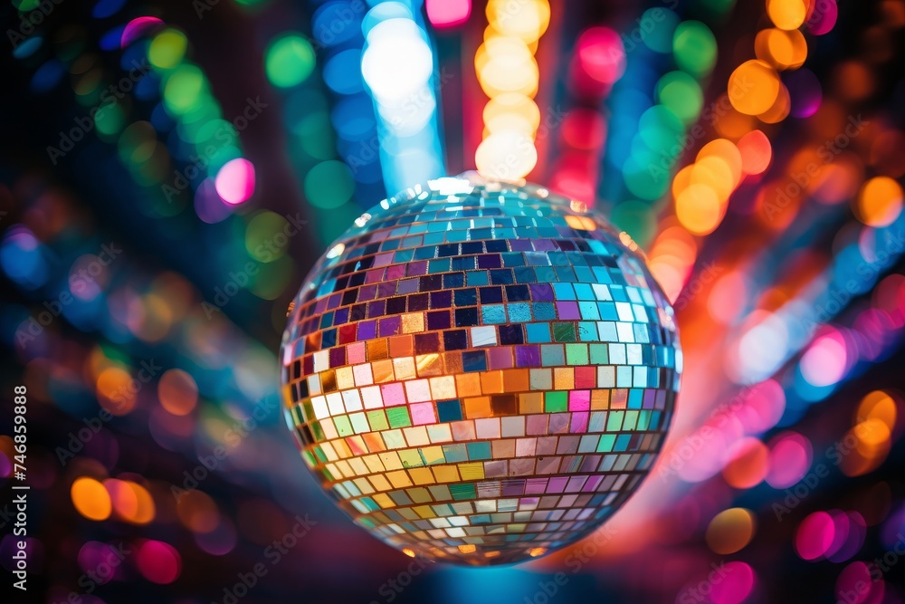 Reflective disco ball spins gracefully in a dazzling display of light, casting colorful hues across the room, creating an enchanting and dynamic atmosphere perfect for any festive celebration. Reflective disco ball spins gracefully in a dazzling display of light, casting colorful hues across the room, creating an enchanting and dynamic atmosphere perfect for any festive celebration.