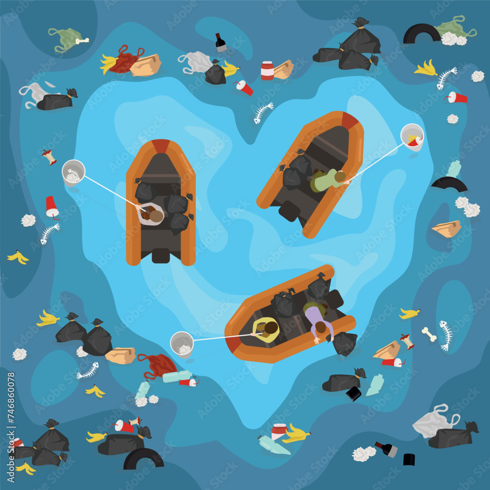 Naklejka premium People in boats cleaning the ocean, where the clean area is in the shape of a heart. Safe ecology environment illustration.