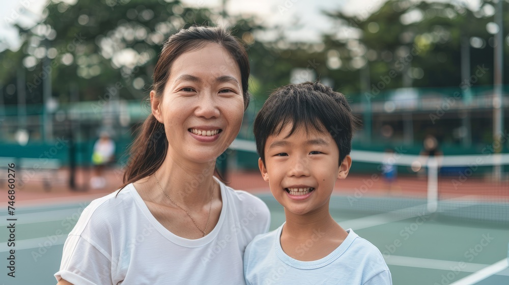 Lovely portrait of a mother and son at the tennis court Lovely portrait of a mother and son at the tennis court