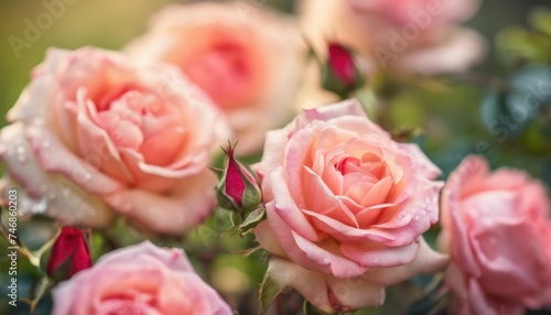 Dew-kissed blooms - serene garden roses at dawn
