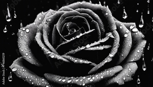 Monochrome rose with water droplets
