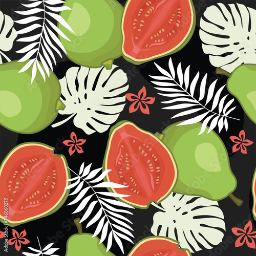 Guava fruit seamless pattern on a black background with exotic leaves. Perfect for wallpaper, food wrapping paper, fabric, background etc