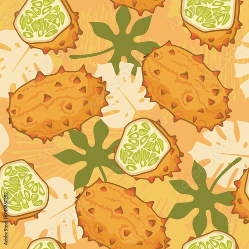 Seamless pattern with Kiwano and leaves. Vector tropical cut fruit illustration. Summer design for cards, wallpaper, food wrapping paper, fabric, background etc