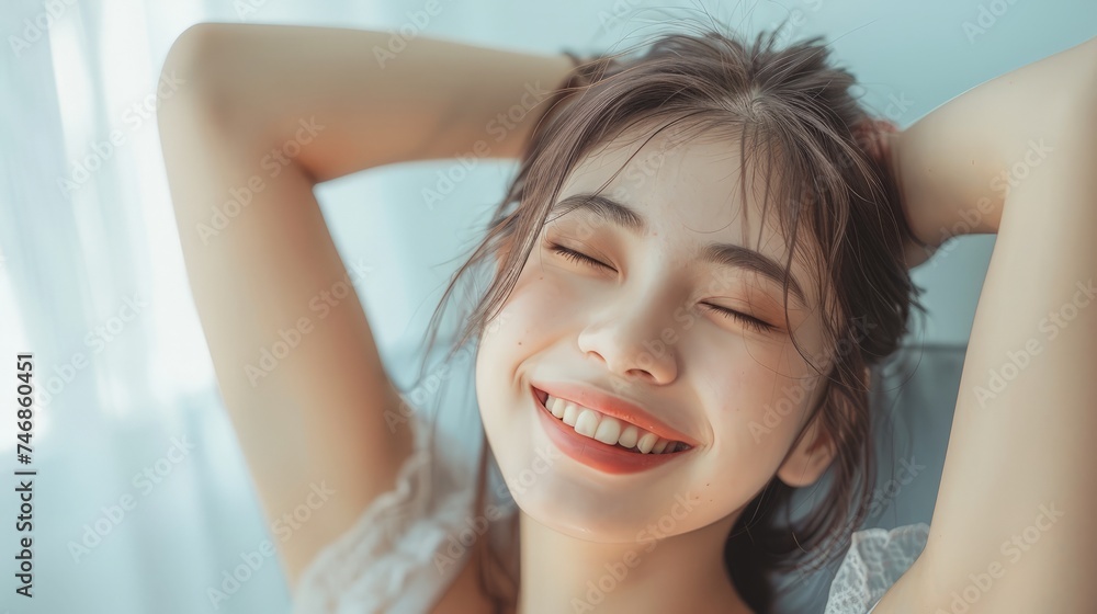 Portrait of beauty happy asian sexy woman awaking, wake up on the bed (sleep). Young beautiful asian girl stretching her arms in fresh early morning, relax peaceful morning routine yawn concept banner Portrait of beauty happy asian sexy woman awaking, wake up on the bed (sleep). Young beautiful asian girl stretching her arms in fresh early morning, relax peaceful morning routine yawn concept banner