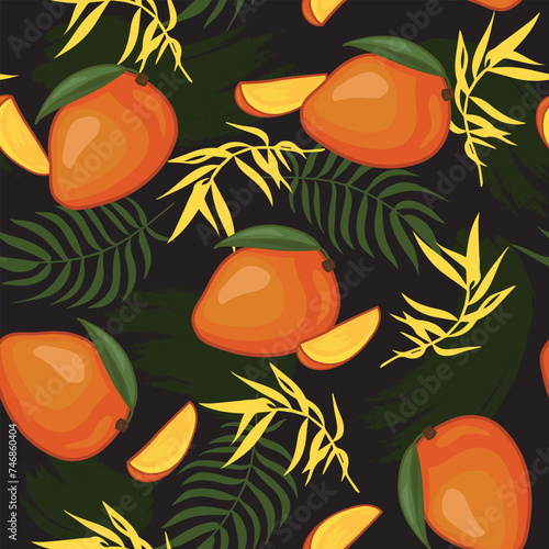 Tropical seamless vector pattern of mango fruit on a black background with exotic leaves. Perfect for wallpaper, food wrapping paper, fabric, background etc.