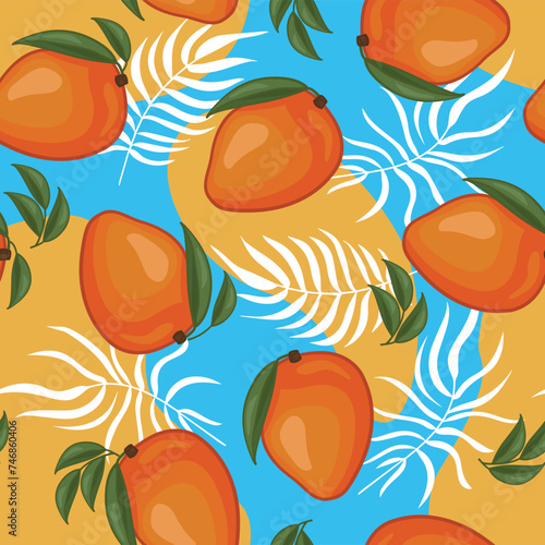 Tropical seamless vector pattern of mango fruit on a blue and orange background with exotic white leaves. Perfect for wallpaper, food wrapping paper, fabric, background etc.