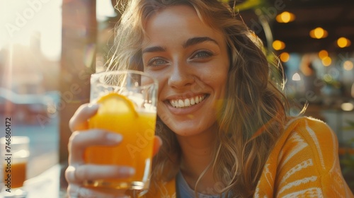 Portrait of happy young woman drinking orange juice during breakfast.