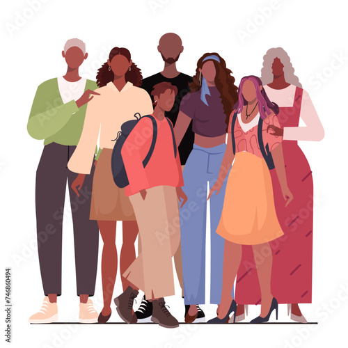 Happy African American family stand together with children, mother, father, grandfather and grandmother. Parents, grandparents and grandchildren. Flat vector illustration isolated on white background.