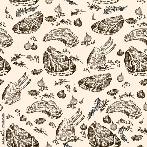 Steaks seamless pattern in a line sketch style with different spices around. Beige background. 