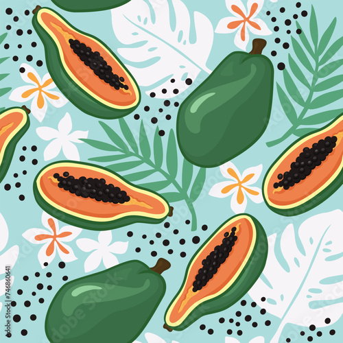 Tropical seamless vector pattern of papaya fruit on a blue background with exotic leaves and flower. Perfect for wallpaper, food wrapping paper, fabric, background etc.