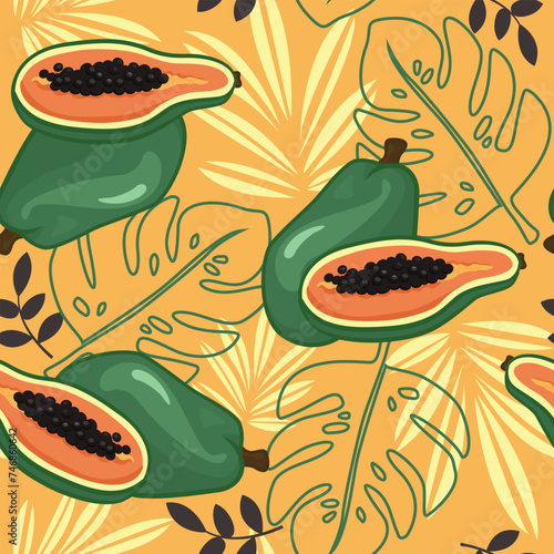 Tropical seamless vector pattern of papaya fruit on a yellow background with exotic leaves. Perfect for wallpaper, food wrapping paper, fabric, background etc.