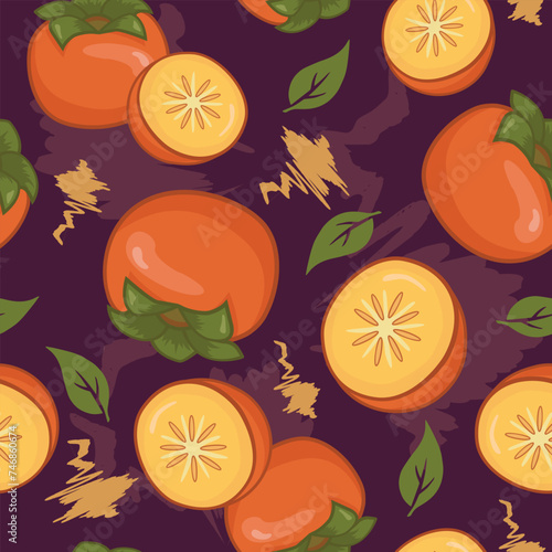 Persimmon fruit seamless vector pattern on a purple background with leaves. Perfect for wallpaper, food wrapping paper, fabric, background etc
