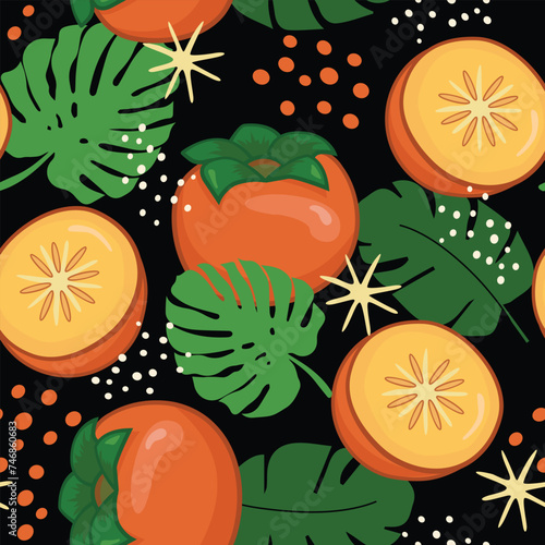 Persimmon fruit seamless pattern on a black background with exotic leaves. Perfect for wallpaper, food wrapping paper, fabric, background etc